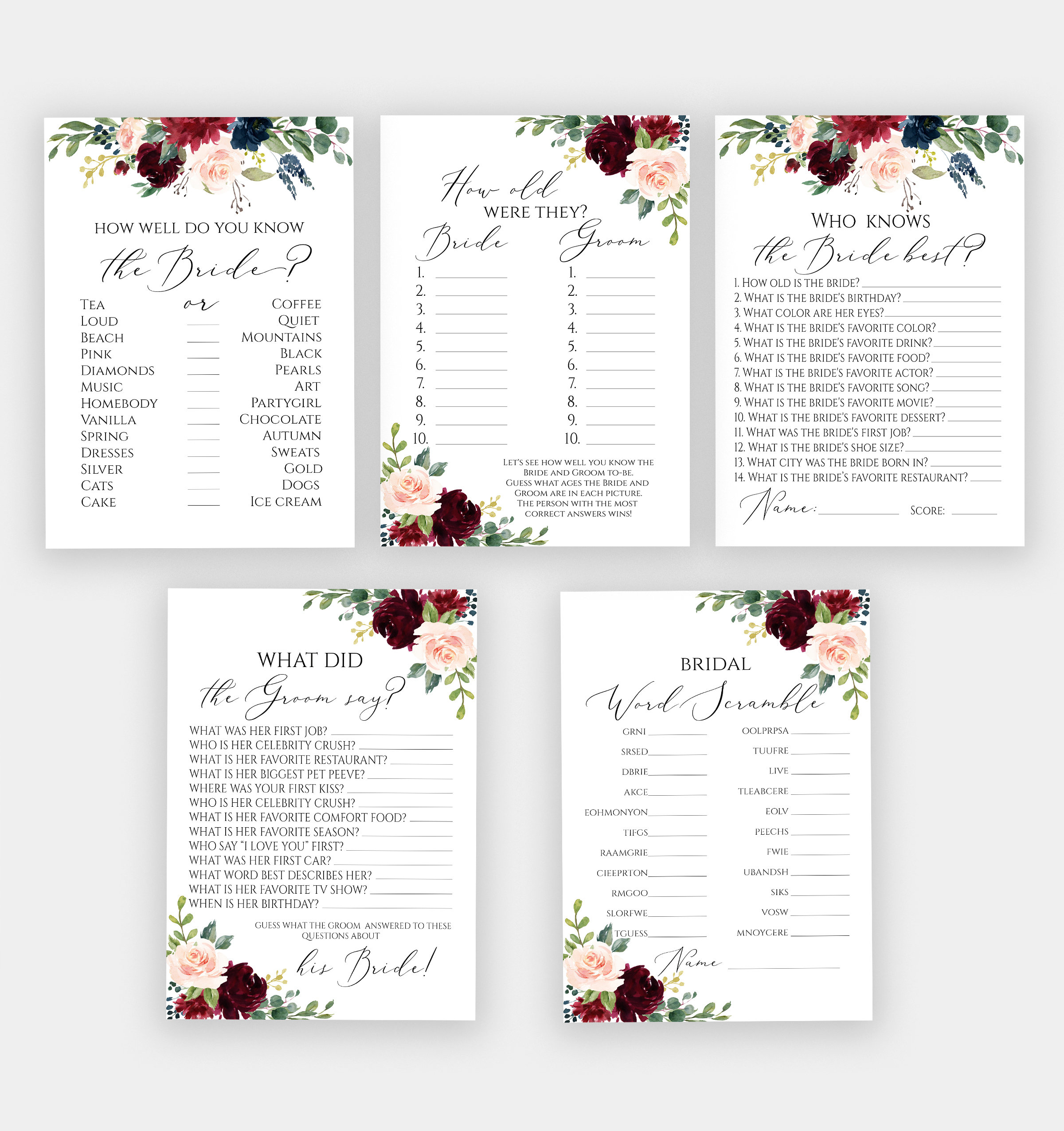Printable Bridal Shower Games, Printable Shower Games Pac, Set of 10 ...
