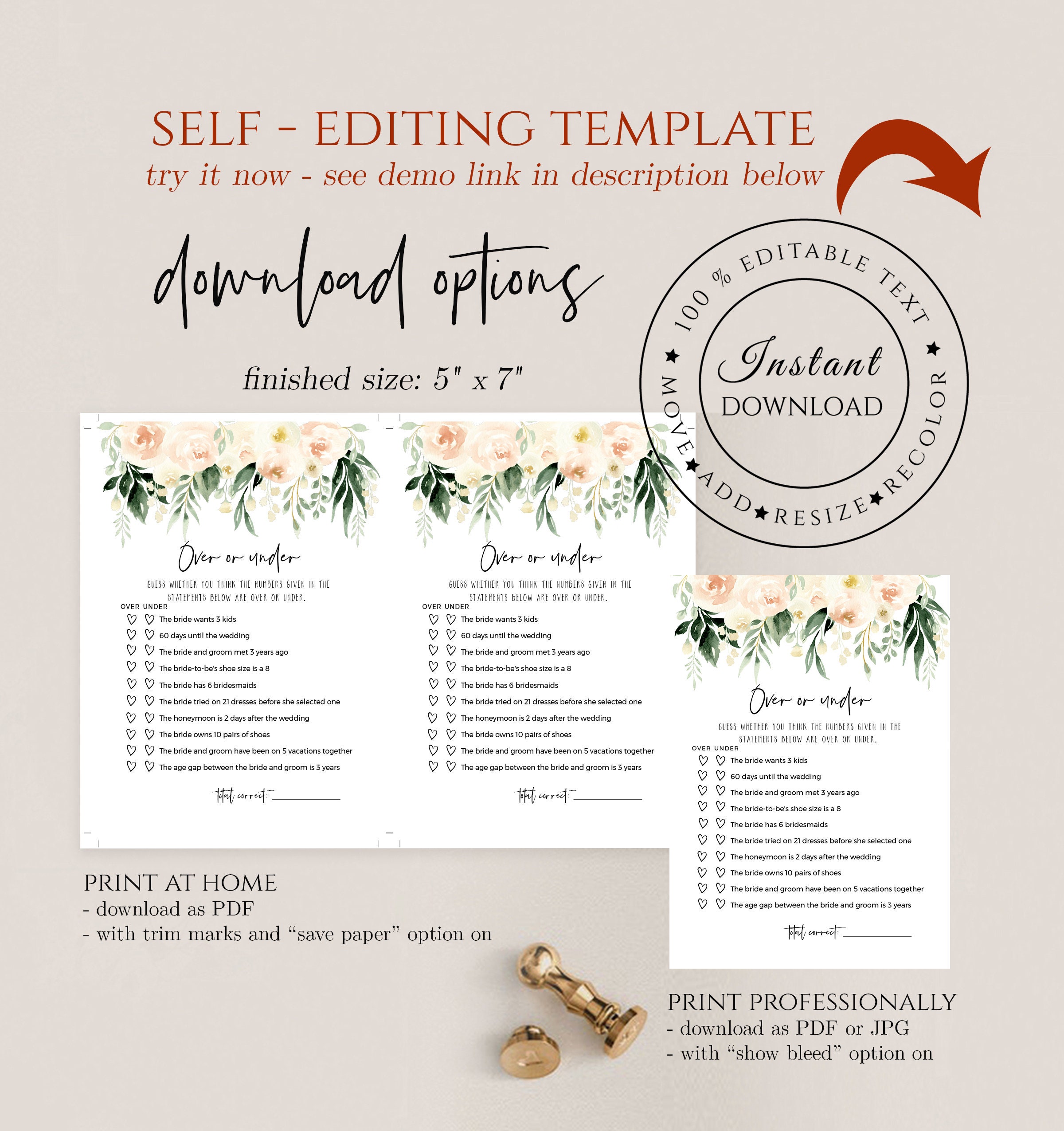 Over or Under Bridal Shower Game Printable Bachelorette Party | Etsy