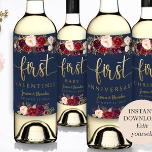Editable First Anniversary Wine Labels: Burgundy Floral (Digital Download)