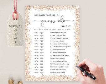 Rose Gold Bridal Shower Game: He Said She Said (Printable, Instant Download)