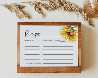 Sunflower Recipe Card Template, Printable Bridal Shower Recipe, Edit with Templett, Instant Download, PPS