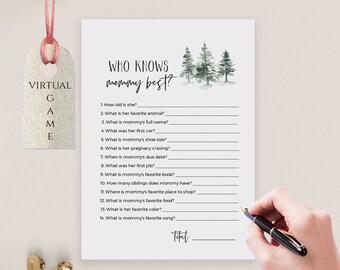 Qui sait maman, jeux de baby shower forêt de pins imprimables, jeu de baby shower préféré maman, modèle modifiable