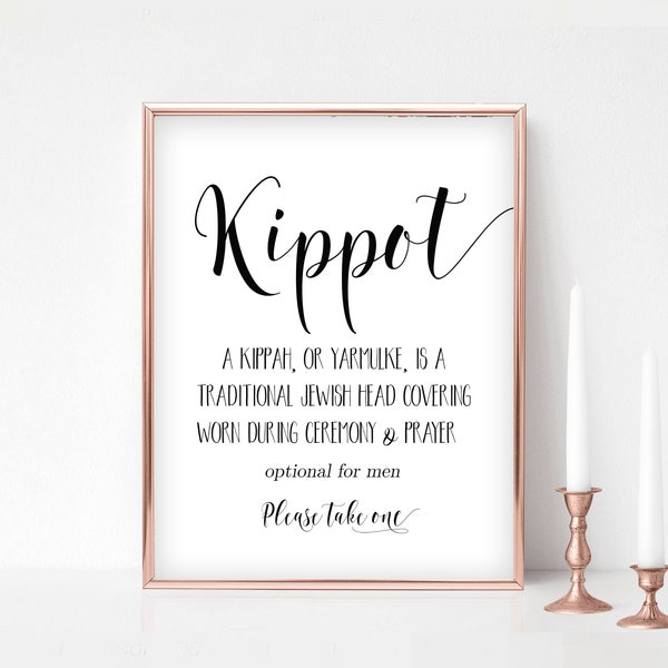 Kippot Sign, Kippot Wedding Sign Printable, Kippah Sign, Yarmulke Wedding Sign, Jewish Wedding Kippot Bar Mitzvah 5x7, 8x10, Calligraphy