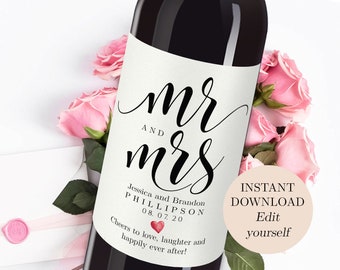 Etichette stampabili per bottiglie di vino per matrimonio Vino modificabile Etichetta per vino personalizzata Etichette adesive stampabili Etichette per vino personalizzate Mr e Mrs Wine PDF
