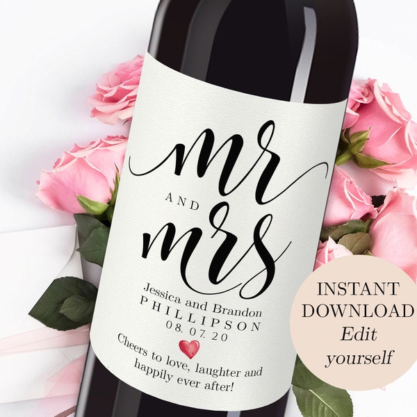 Etiquetas imprimibles para botellas de vino de boda Etiqueta de vino personalizada para vino editable Etiquetas adhesivas imprimibles Etiquetas de vino personalizadas Mr and Mrs Wine PDF