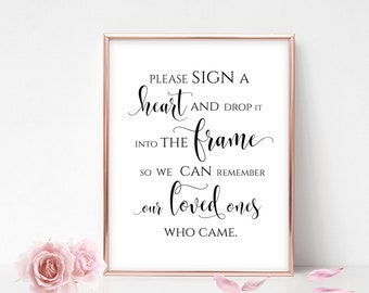 Placa de livro de visitas em formato de coração: decoração com caligrafia para recepção de casamento (download digital)