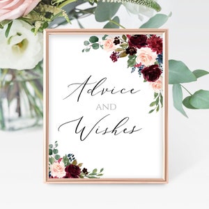 Letreros imprimibles con consejos y deseos Letreros para despedida de soltera Consejos y deseos para el señor y la señora Consejos para los novios Tarjetas de consejos Borgoña Merlot