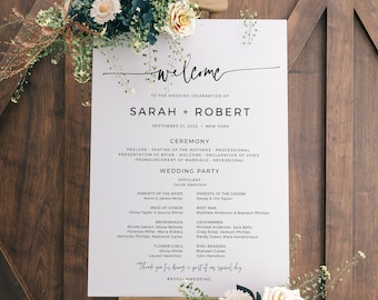 Minimalist Wedding Program Sign Printable Order of Service Template, Instant Download, Templett, POM