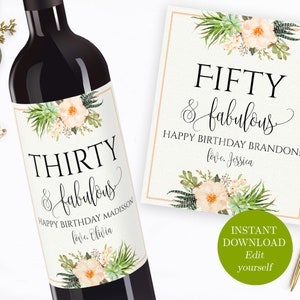 Wine Label Birthday Wine Labels Wine Bottle Label Template PDF Instant Download Edit Yourself Any Age Forty & Fabulous 50th Birthday 40th