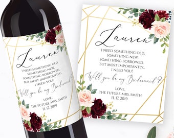 Will You be my Bridesmaid, Maid of Honor, Matron of Honor, Wine Label Printable Wine Bottle Labels Wedding Editable Template Burgundy Merlot
