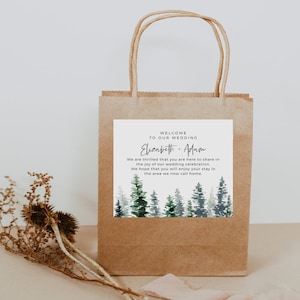 Pine Tree Wedding Welcome Bag Sticker, Printable Hotel Bag Label, Editable, Templett, Instant Download
