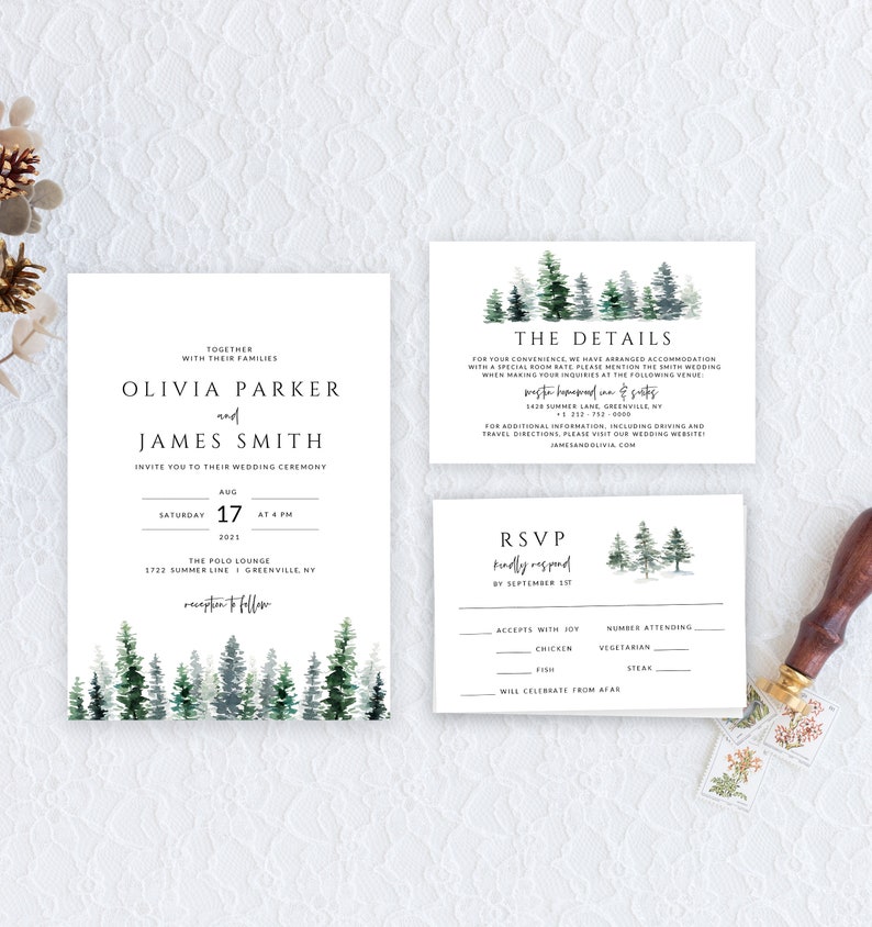 Pine Tree Wedding Invitation Set, Printable Invitation Template, Editable Wedding Invitation Suite, Forest, Winter, Watercolor, Evergreen image 1