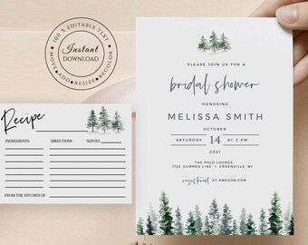 Watercolor Pine Tree Bridal Shower Invitation & Recipe Set (Editable Template, Instant Download)