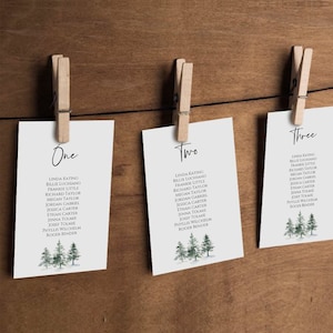 May include: Three white cards with black text and a forest scene at the bottom. The cards are labeled "One", "Two", and "Three". Each card lists a number of names.