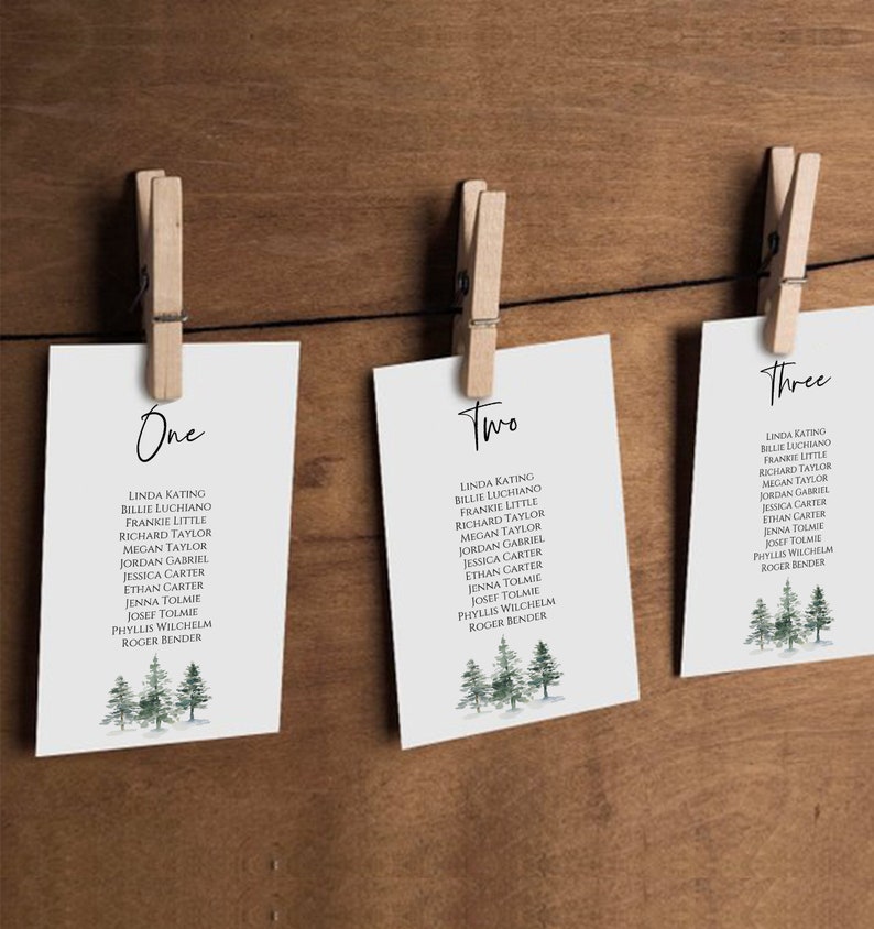 May include: Three white cards with black text and a forest scene at the bottom. The cards are labeled "One", "Two", and "Three". Each card lists a number of names.