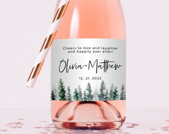 Wedding Mini Wine Label: Editable Pine Tree Champagne Label Template (Instant Download)