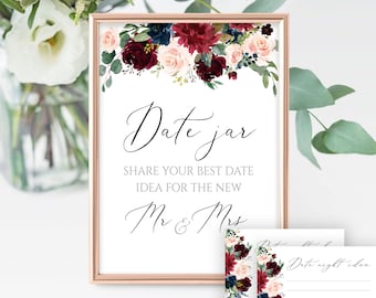 Cartes et plaque florale bordeaux en pot date/nuit (téléchargement imprimable et numérique)