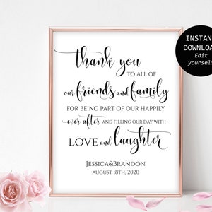 Signo de agradecimiento editable Boda personalizada Gracias Signo de recepción de agradecimiento imprimible Signo de donación Plantillas de boda Nota de agradecimiento