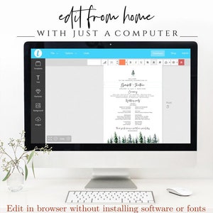 May include: A computer screen displaying a wedding program template with a watercolor forest background. The program includes the names "Elizabeth & Justin" and the text "Wedding Party". The screen is open in a web browser with a toolbar showing options for editing the template.