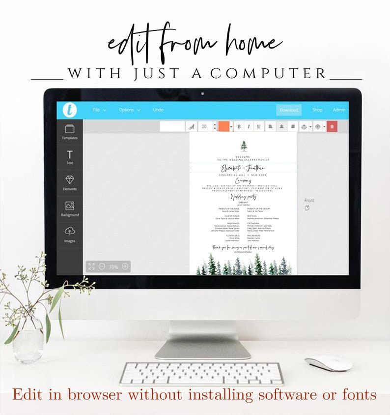 May include: A computer screen displaying a wedding program template with a watercolor forest background. The program includes the names "Elizabeth & Justin" and the text "Wedding Party". The screen is open in a web browser with a toolbar showing options for editing the template.