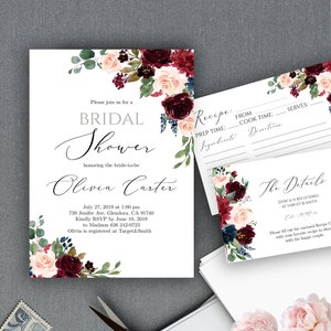 Bridal Shower Invitation Template Bridal Shower Invite, Details Card and Recipe Card Template, Instant Download, Burgundy
