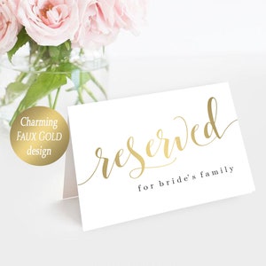 Reserved Sign Reserved Printable Reserved Wedding Sign Reserved Table Sign Printable Wedding Template Reserved for Family Faux Gold Design