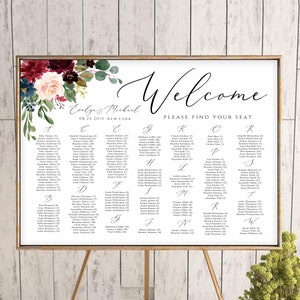 VOLLEDIG bewerkbare zitplaatsen grafiek alfabetisch bruiloft zitplaatsen bord, VS en VK maten, Instant Download, plattegrond sjabloon bordeaux Merlot Boho