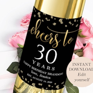 Personalized Birthday Wine Label Any Age Edit Yourself Cheers To 30 Years Custom Wine Label Faux Gold Label Template 40th Birthday 60th