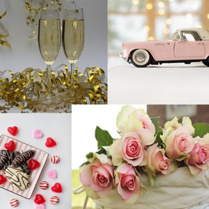 May include: A collage of images featuring a pink vintage car, champagne flutes, a bouquet of pink roses, and a plate of chocolate-covered strawberries and heart-shaped candies.