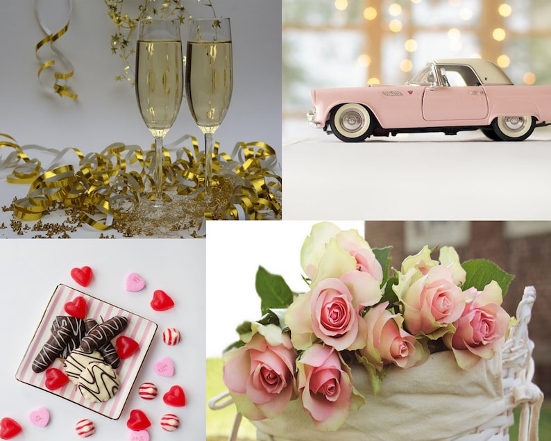 May include: A collage of images featuring a pink vintage car, champagne flutes, a bouquet of pink roses, and a plate of chocolate-covered strawberries and heart-shaped candies.