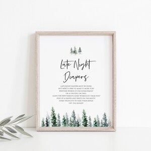 Late Night Diapers Sign Printable Diaper Game, Editable Diaper Notes, Instant Download, 5x7, 8x10, Edit with Templett, Pine Tree