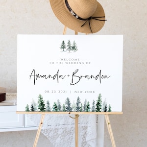 Cartel de bienvenida, signo de bienvenida personalizado, signo de boda de bienvenida editable, despedida de soltera, bienvenida, bosque de boda imprimible, pino, acuarela
