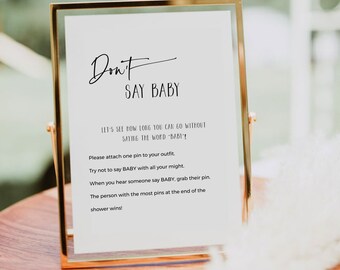 Gra „Don't Say Baby Clothes Spinacz”: Minimalistyczny baby shower (szablon do edycji, do druku)