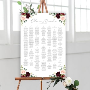 Printable Wedding Seating Chart Template, up to 400 Guests Seating Board Wedding Seating Chart Sign Large Seating Chart Burgundy Boho Merlot