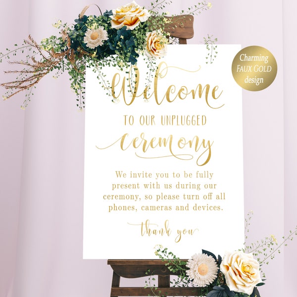 Unplugged Wedding Sign Unplugged Ceremony Sign Unplugged Sign Large Welcome Sign Wedding Welcome Sign Poster Wedding Board Faux Gold Design