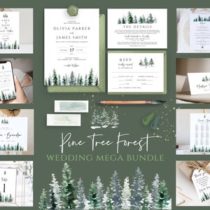 Wedding Invitation MEGA bundle Template, Pine Tree Forest Editable Printable, Instant Download, TEMPLETT