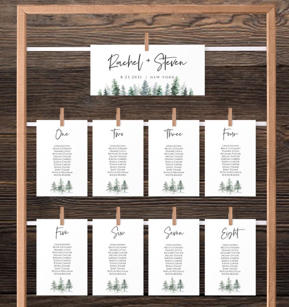 Winter Pine Tree Wedding Seating Chart Template (Editable Text)