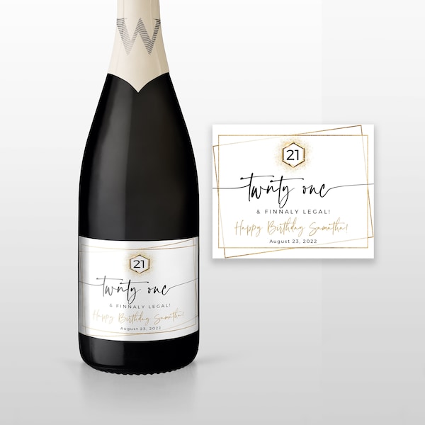 Birthday Champagne Label Gold Wine Bottle Labels 21st Birthday 50th, 40th, 30th - Any Age, 100% Editable