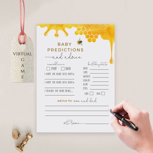 Cartes de prédictions et de conseils Bee Baby imprimables + jeu de baby shower virtuel, téléchargement immédiat, Templett, FPSB