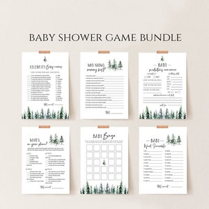 Zestaw gier Pine Tree Baby Shower do wydrukowania + wirtualna/edytowalna płyta terminologiczna, natychmiastowe pobranie, szablon