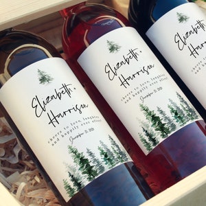 Pine Tree Wedding Wine Labels: Personalized Forest Design (Editable Template)