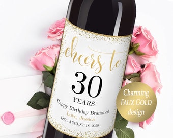 Geburtstags-Weinetiketten selbst bearbeiten Jedes Alter Prost bis 30 Jahre 20. Geburtstag 40. Geburtstag Weinetikett Vorlage Jubiläum Faux Gold Design