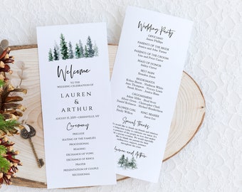 Watercolor Pine Tree Wedding Program Template (Digital Download)