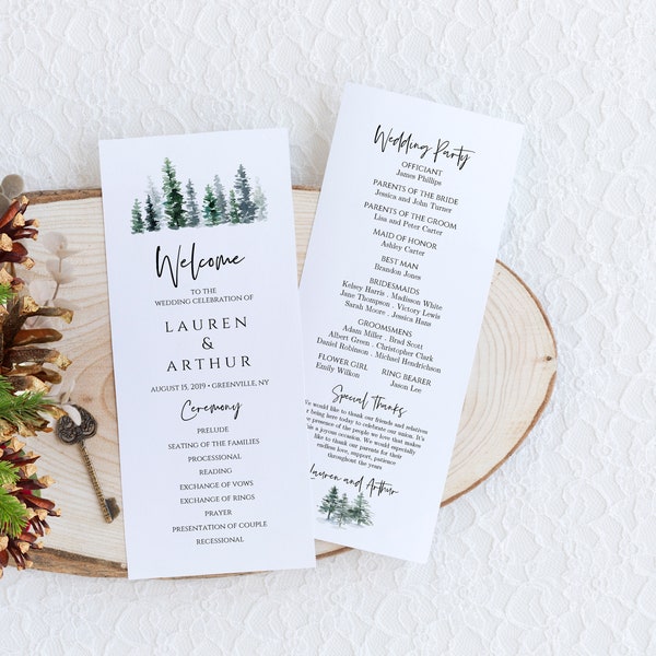 Wedding Program Template Printable Program Wedding Fully Editable Order of Ceremony Order of Service Board Winter Pine Tree Forest Woodland