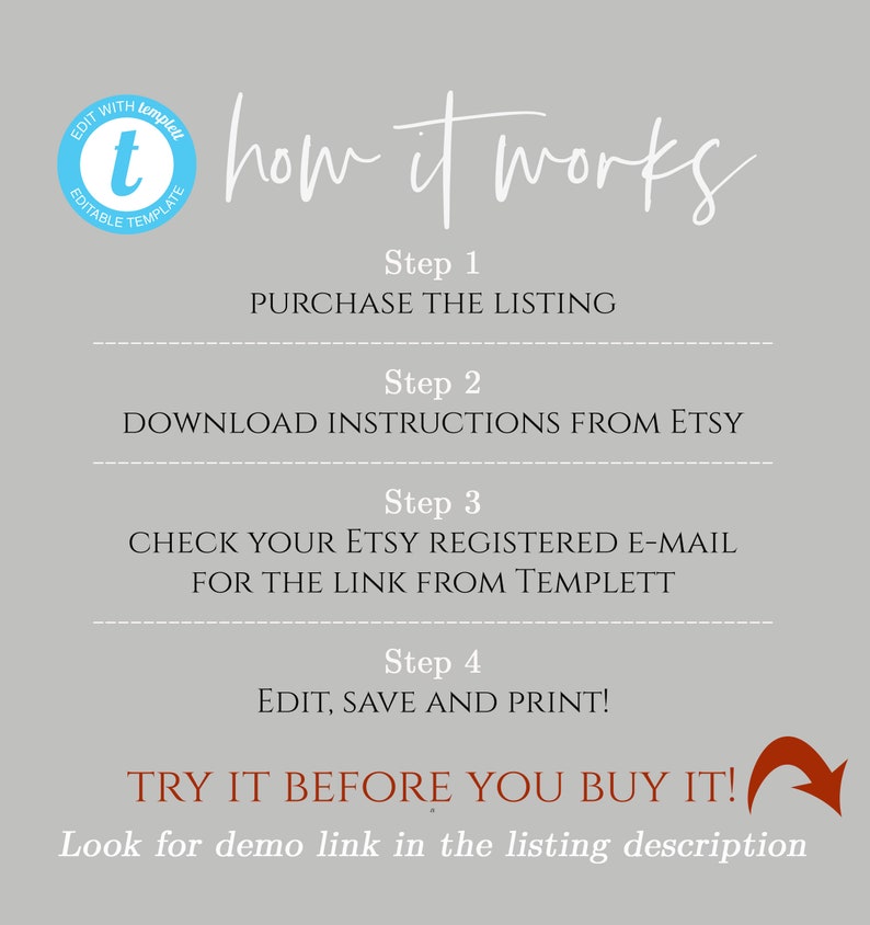 May include: A white graphic with the text "how it works" and a list of steps for purchasing and downloading an editable template. The steps include: Purchase the listing, Download instructions from Etsy, Check your Etsy registered e-mail for the link from Templett, Edit, save and print. The graphic also includes the text "Try it before you buy it!" and "Look for demo link in the listing description."