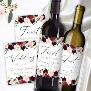 Wine Labels First Anniversary Wine Label Bridal Shower Gift Wine Bottle Labels Milestones Wine Labels Custom First Marriage Burgundy Merlot