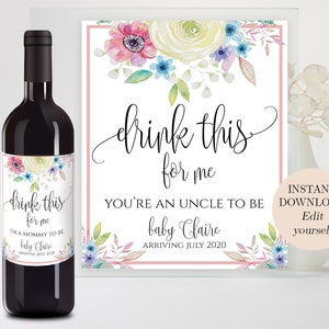 Etiquetas de vino editables Bebe esto por mí Etiqueta de vino para la futura tía Anuncio de embarazo para padres Para el esposo Tarjetas de anuncio de embarazo DIY