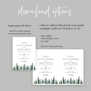 Pine Tree Wedding Invitation Set, Printable Invitation Template, Editable Wedding Invitation Suite, Forest, Winter, Watercolor, Evergreen image 4