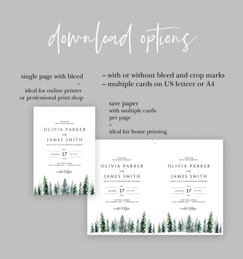 Pine Tree Wedding Invitation Set, Printable Invitation Template, Editable Wedding Invitation Suite, Forest, Winter, Watercolor, Evergreen imagem 4