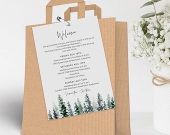 Pine Tree Wedding Welcome Bag Tag: Itinerary Template (Instant Download)